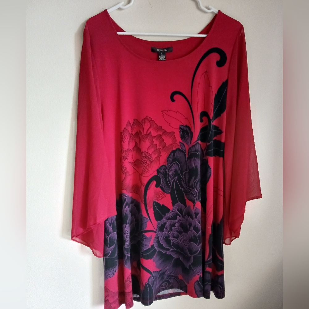 Style & Co Red/Black Floral Tunic Size Large